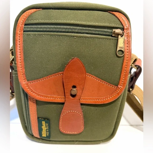 Billingham England Compact Stowaway Camera Green Cognac Brown Leather Handbag - Picture 2 of 15